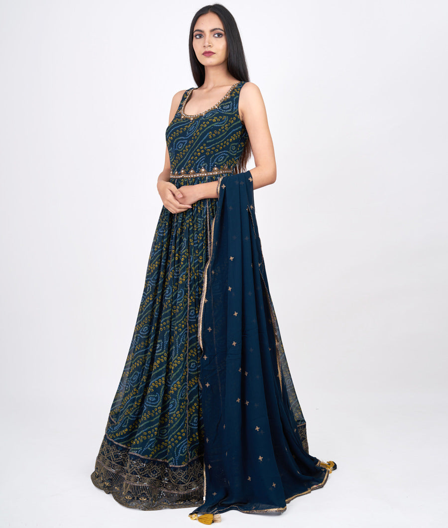 Navy Blue Bandhani Print With Sequins And Cutdana And Zardosi And Mirror Work Anarkali Salwar Kameez