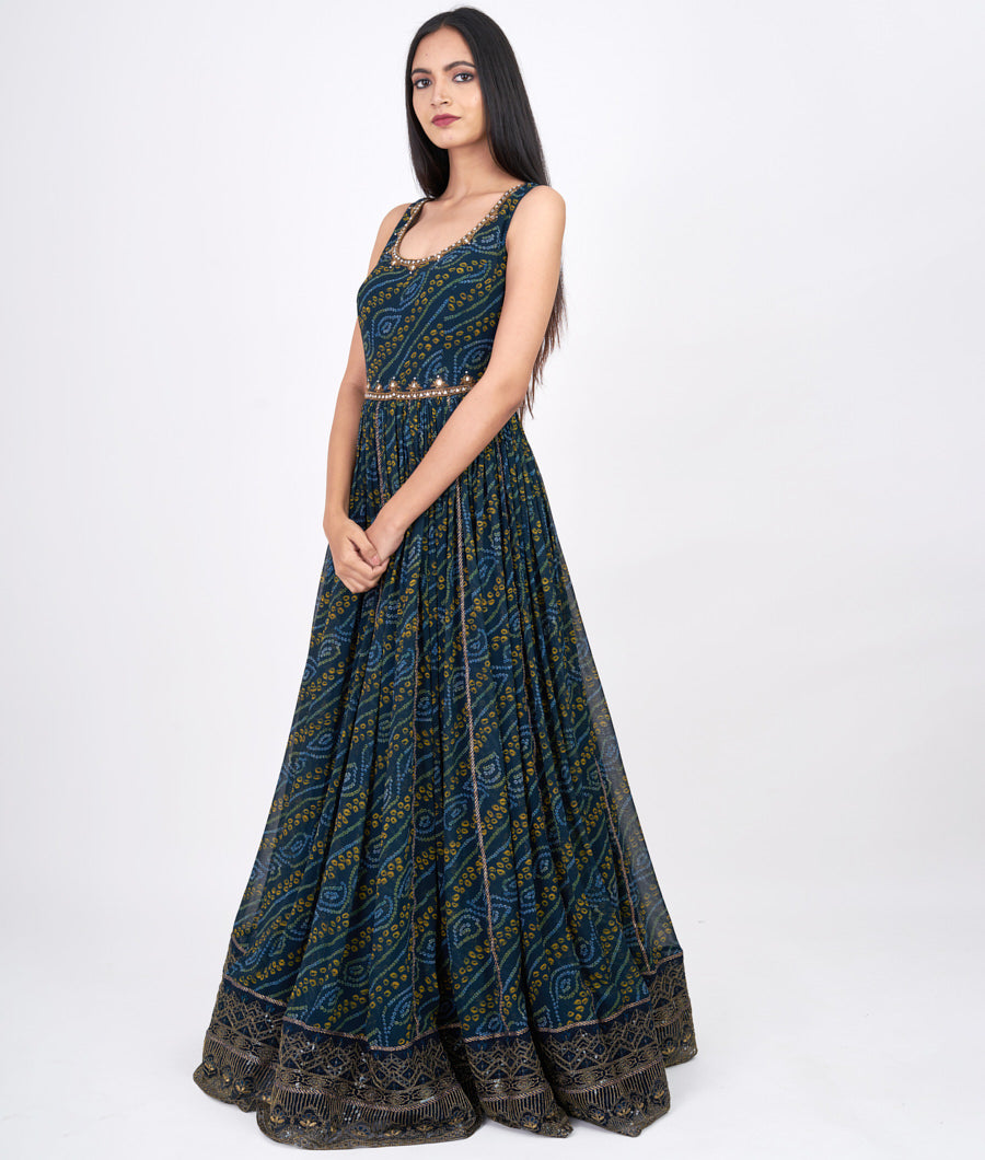 Navy Blue Bandhani Print With Sequins And Cutdana And Zardosi And Mirror Work Anarkali Salwar Kameez