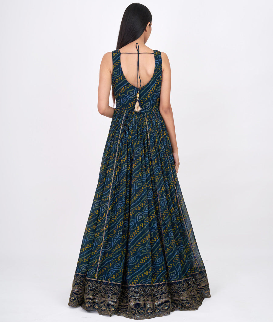 Navy Blue Bandhani Print With Sequins And Cutdana And Zardosi And Mirror Work Anarkali Salwar Kameez