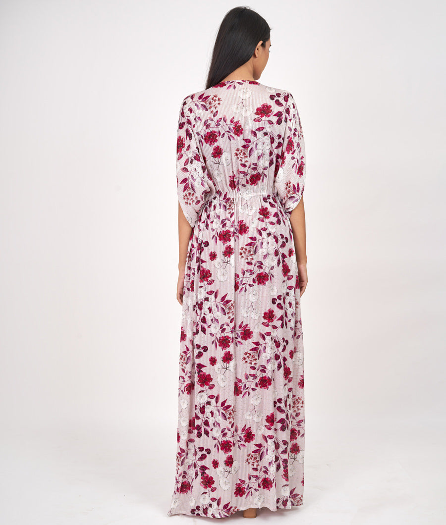 Off White/Maroon Floral Print With Thread Embroidery And Sequins Work Western Gown Salwar Kameez