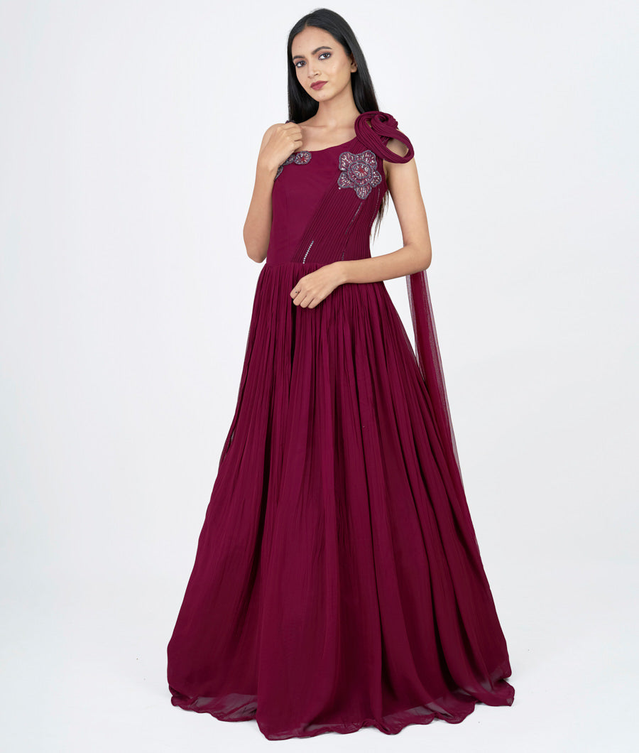 Majentha Applic With Pearl And Sequins And Cutdana Work Indo Western Gown Gown