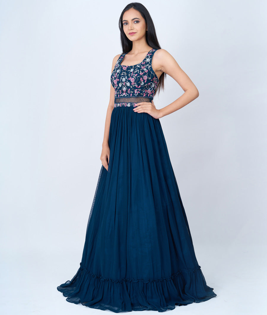 Rama Blue Sequins With Cutdana And French Knot And Thread Embroidery Work & Ruffle Dupatta Anarkali Salwar Kameez_KNG95553