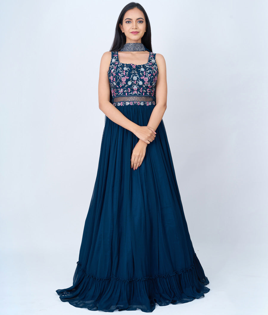 Rama Blue Sequins With Cutdana And French Knot And Thread Embroidery Work & Ruffle Dupatta Anarkali Salwar Kameez_KNG95553