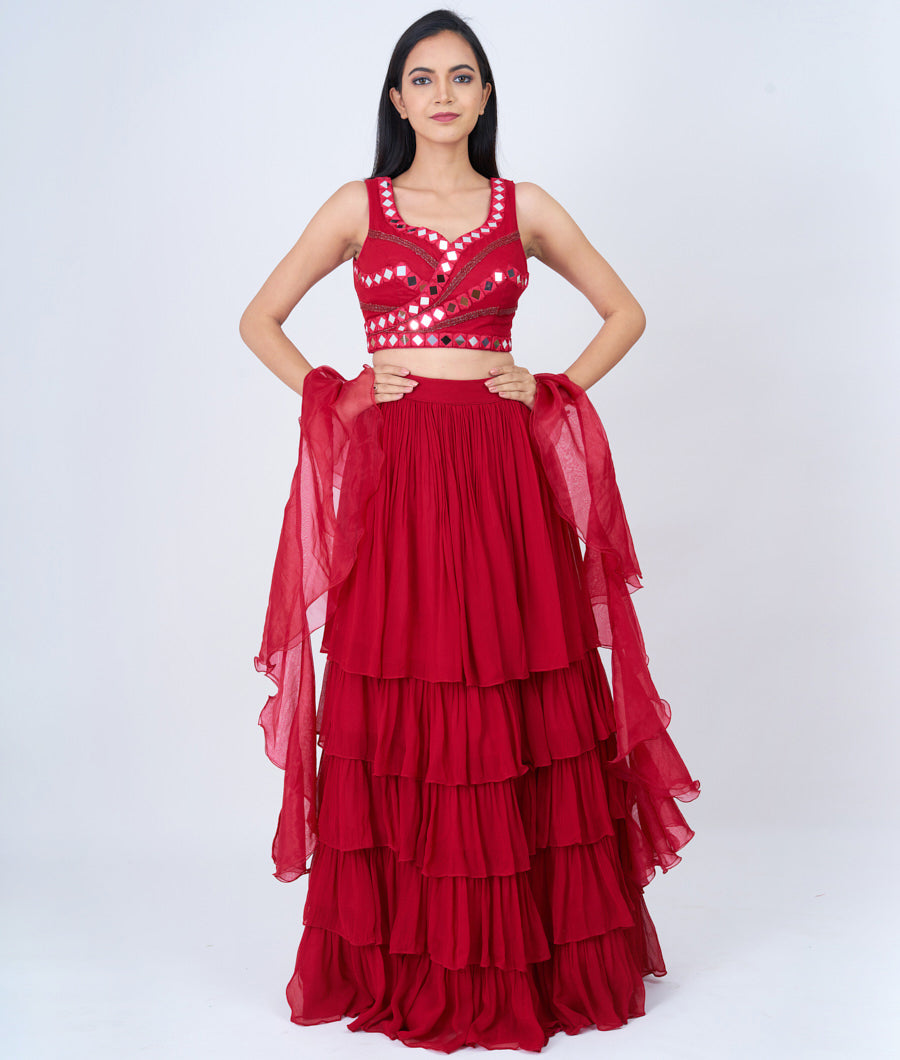 Rain Cutdana With Mirror Wirk And Ruffle Skirt & Dupatta - Lehenga