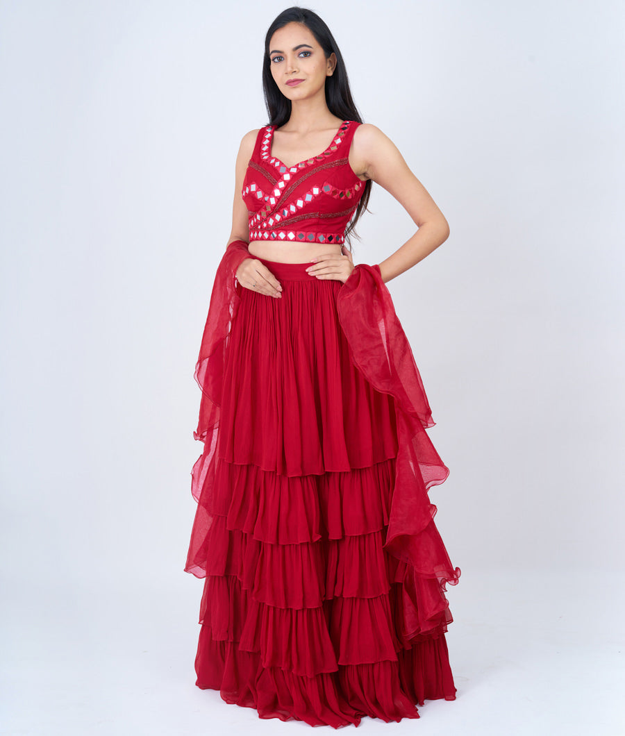 Rain Cutdana With Mirror Wirk And Ruffle Skirt & Dupatta - Lehenga