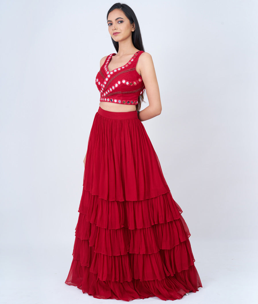 Rain Cutdana With Mirror Wirk And Ruffle Skirt & Dupatta - Lehenga