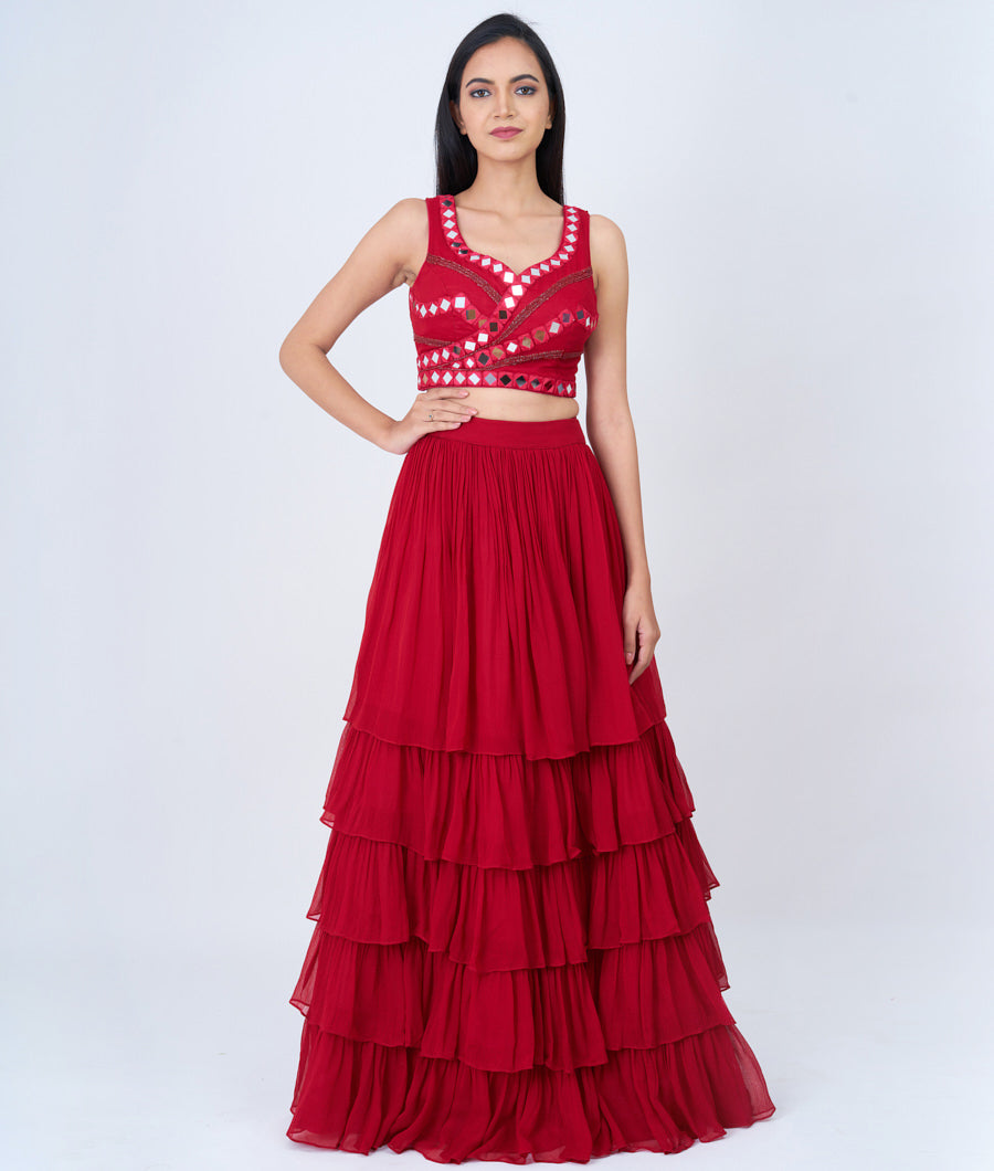 Rain Cutdana With Mirror Wirk And Ruffle Skirt & Dupatta - Lehenga