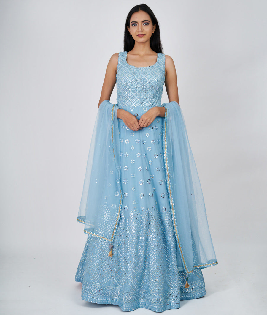 Sky Blue Self Thread Embroidery With Sequins Work Anarkali Salwar Kameez