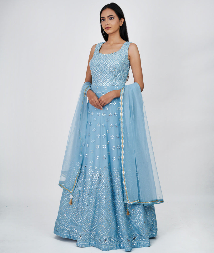 Sky Blue Self Thread Embroidery With Sequins Work Anarkali Salwar Kameez