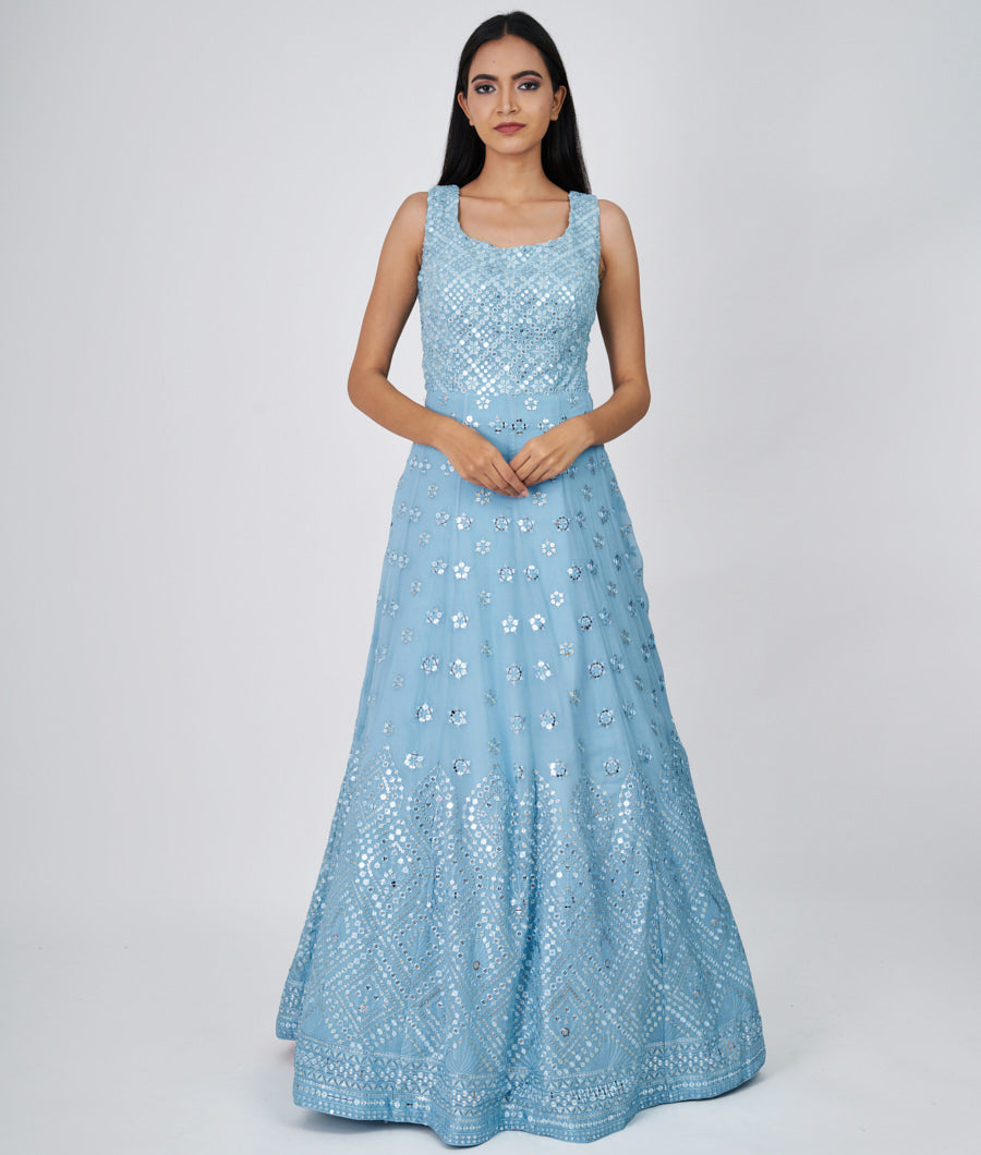 Sky Blue Self Thread Embroidery With Sequins Work Anarkali Salwar Kameez