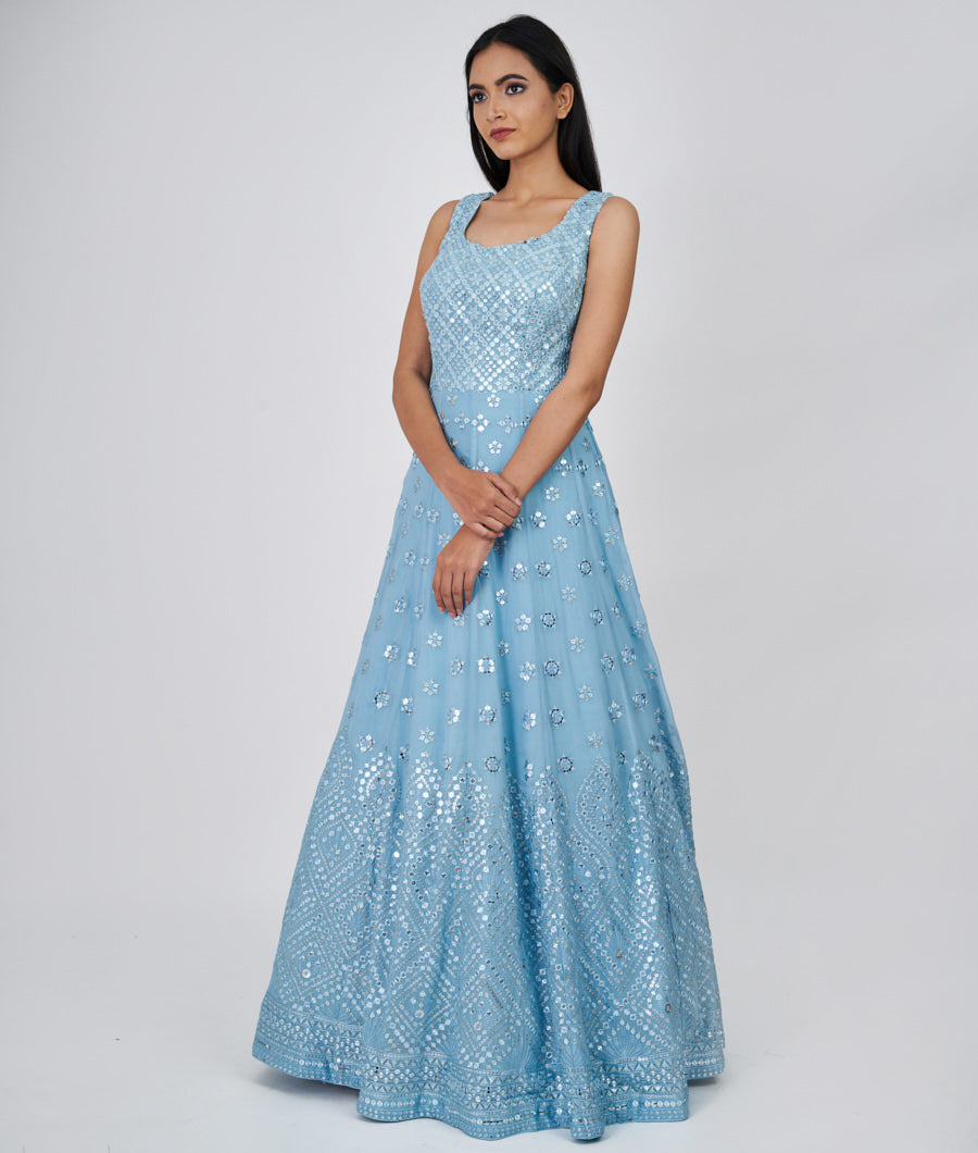 Sky Blue Self Thread Embroidery With Sequins Work Anarkali Salwar Kameez