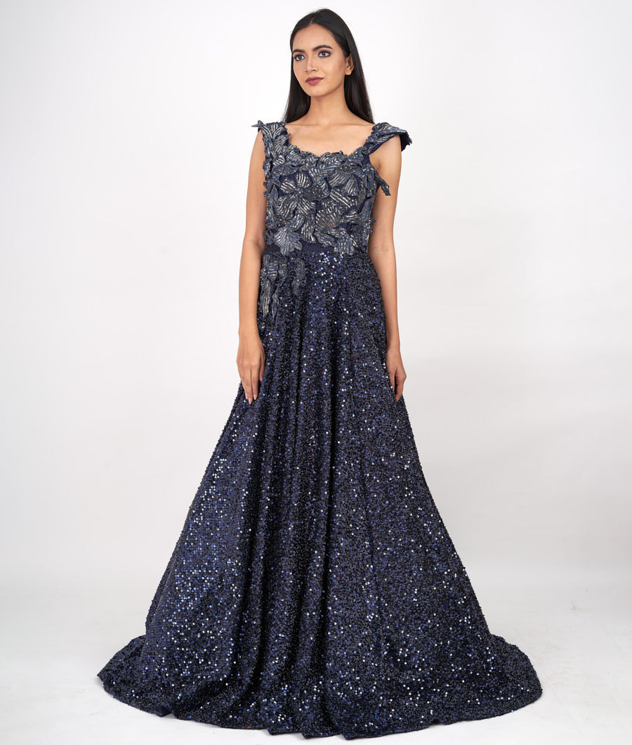 Navy Blue Alover Self Sequins With Pearl And Sequins And Cutdana And Applic Work Indo Western Trail Gown Gown