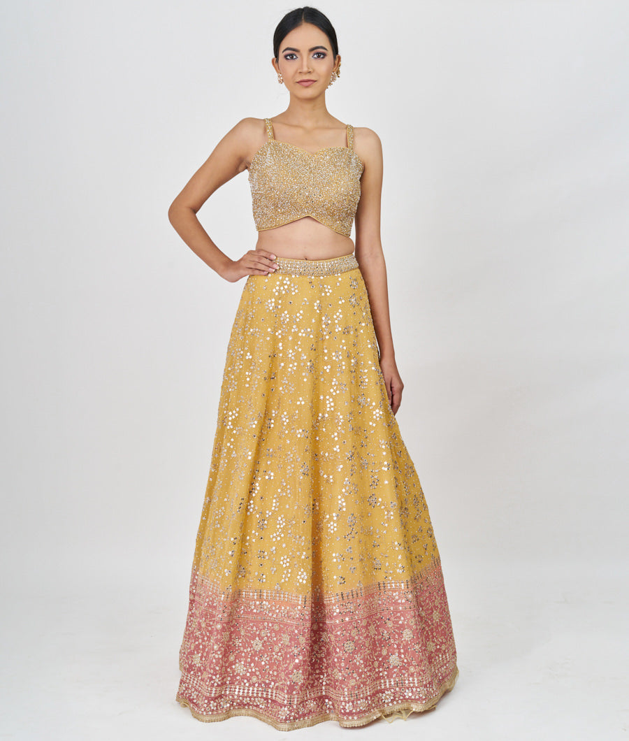 Yellow/Onion Pink Zari Embroidery With Sequins And Mirror And Jarkan Stone Work  Lehenga