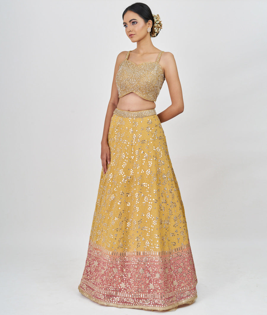 Yellow/Onion Pink Zari Embroidery With Sequins And Mirror And Jarkan Stone Work  Lehenga