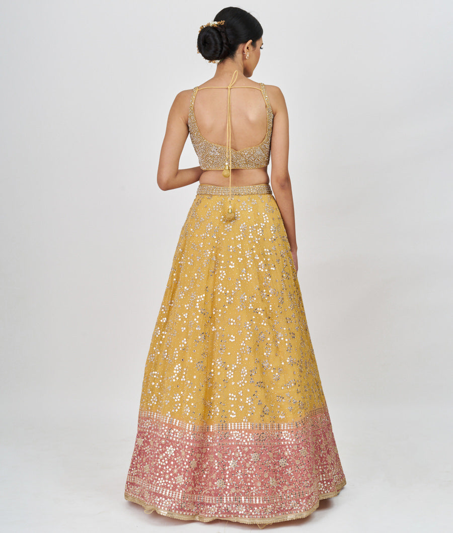 Yellow/Onion Pink Zari Embroidery With Sequins And Mirror And Jarkan Stone Work  Lehenga