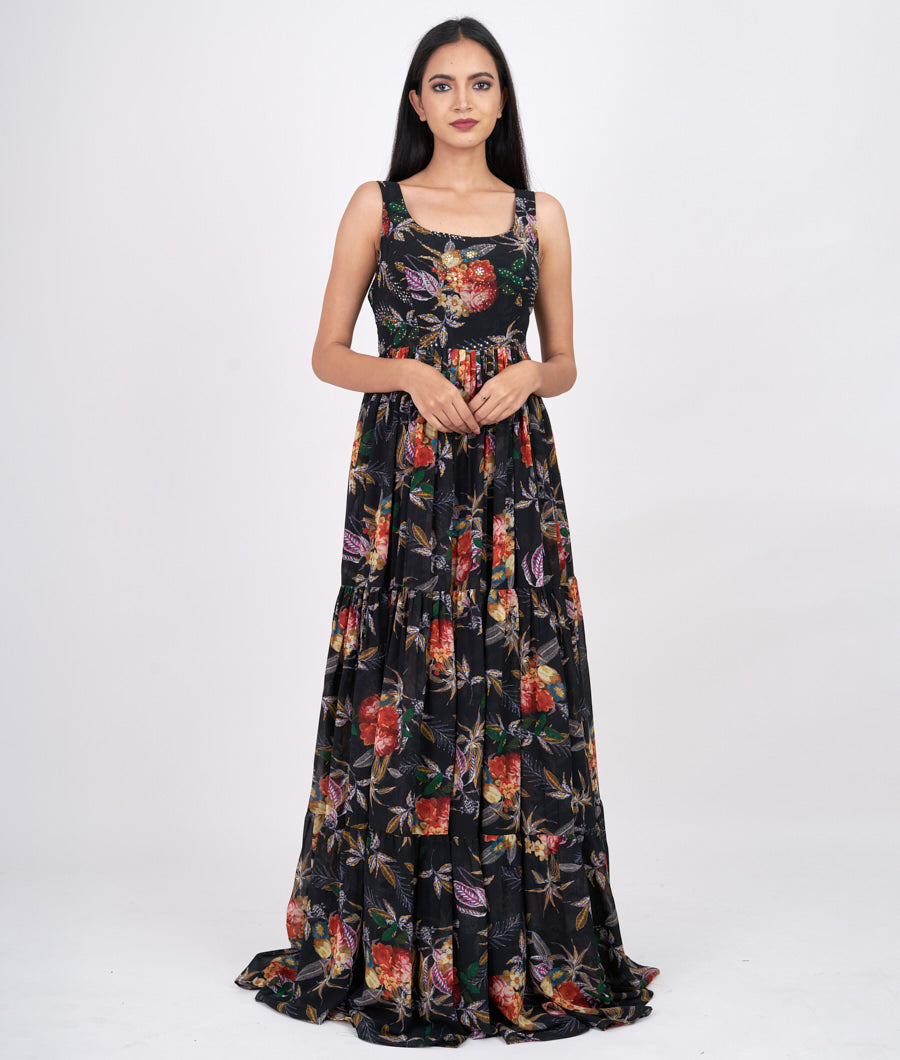 Black Floral With Micro Stone Work Indo Western Gown Gown