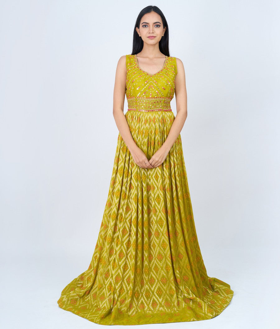 Sheen Green Cutdana With Mirror And Pearl And Stone Work Anarkali Gown