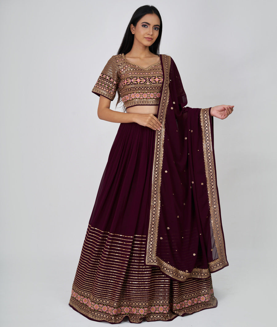 Wine Multi Color Thread And Zari Embroidery With Sequins Work  Lehenga_KNG97401