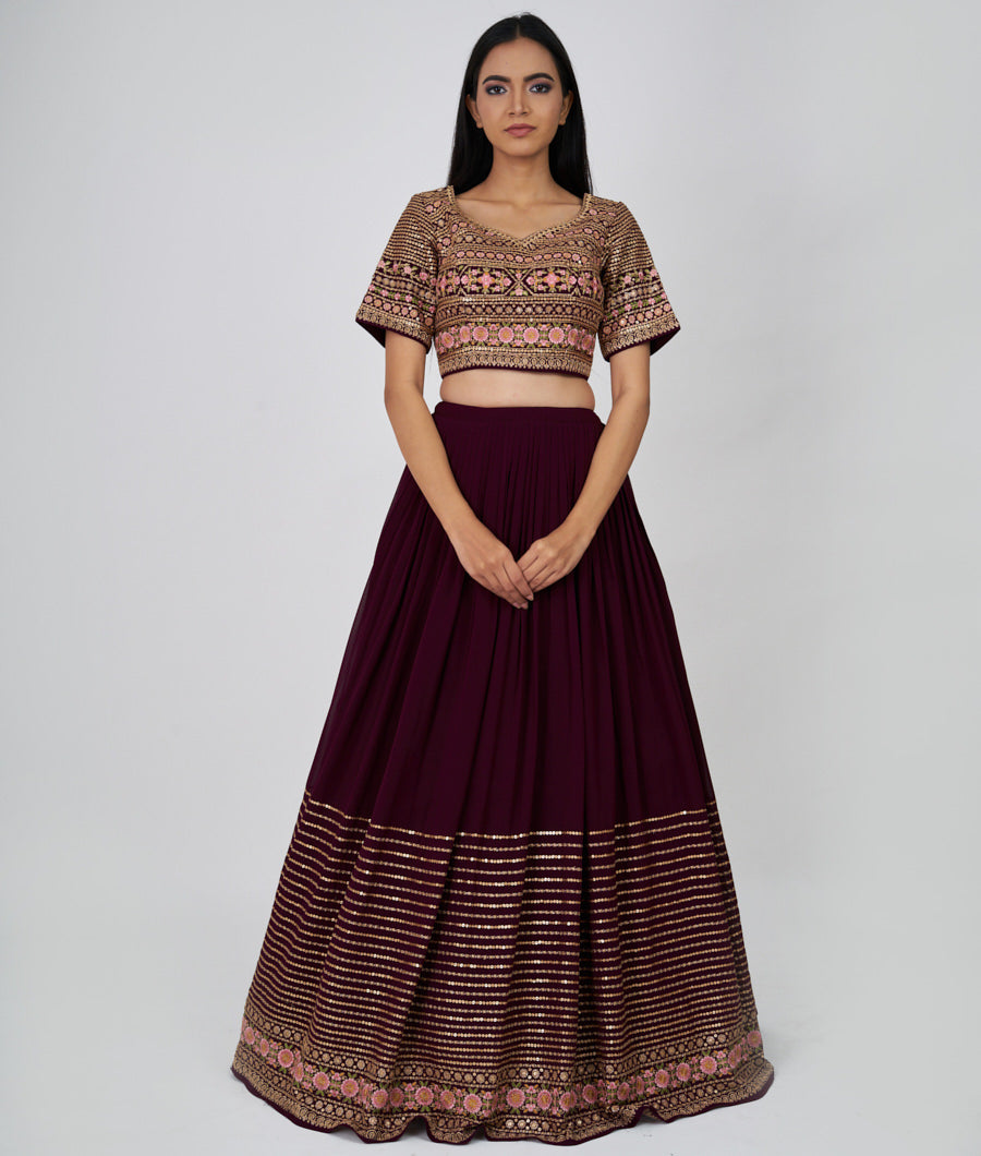 Wine Multi Color Thread And Zari Embroidery With Sequins Work  Lehenga_KNG97401