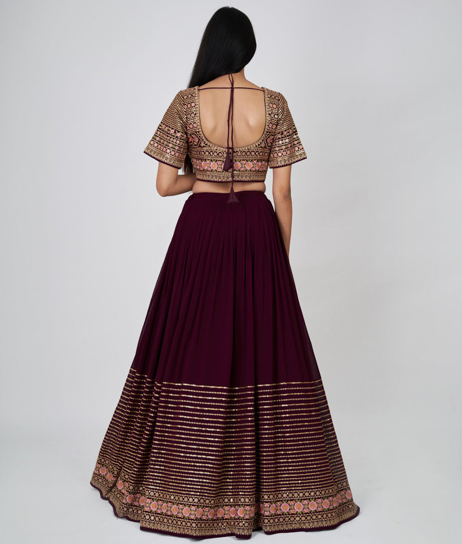 Wine Multi Color Thread And Zari Embroidery With Sequins Work  Lehenga_KNG97401