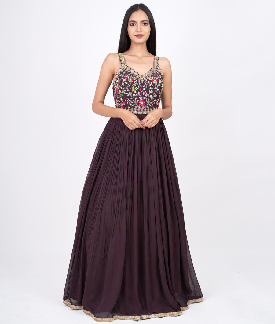 Brown Multi Color Thread Embroidery With Sequins And Cutdana And Zardosi And Mirror Work
 Gown Gown