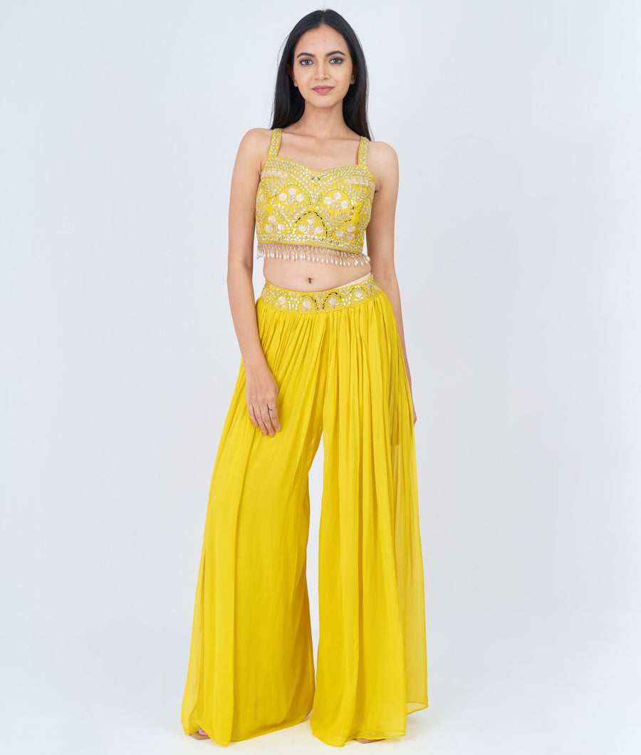 Yellow Blouse Gota Patti With Mirror And Cutdana And Zari Embroidery Work Crop Top With Palazzo Set Salwar Kameez