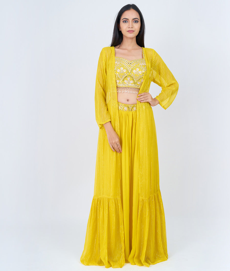 Yellow Blouse Gota Patti With Mirror And Cutdana And Zari Embroidery Work Crop Top With Palazzo Set Salwar Kameez