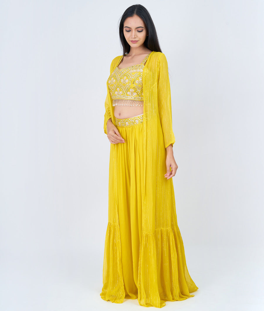 Yellow Blouse Gota Patti With Mirror And Cutdana And Zari Embroidery Work Crop Top With Palazzo Set Salwar Kameez