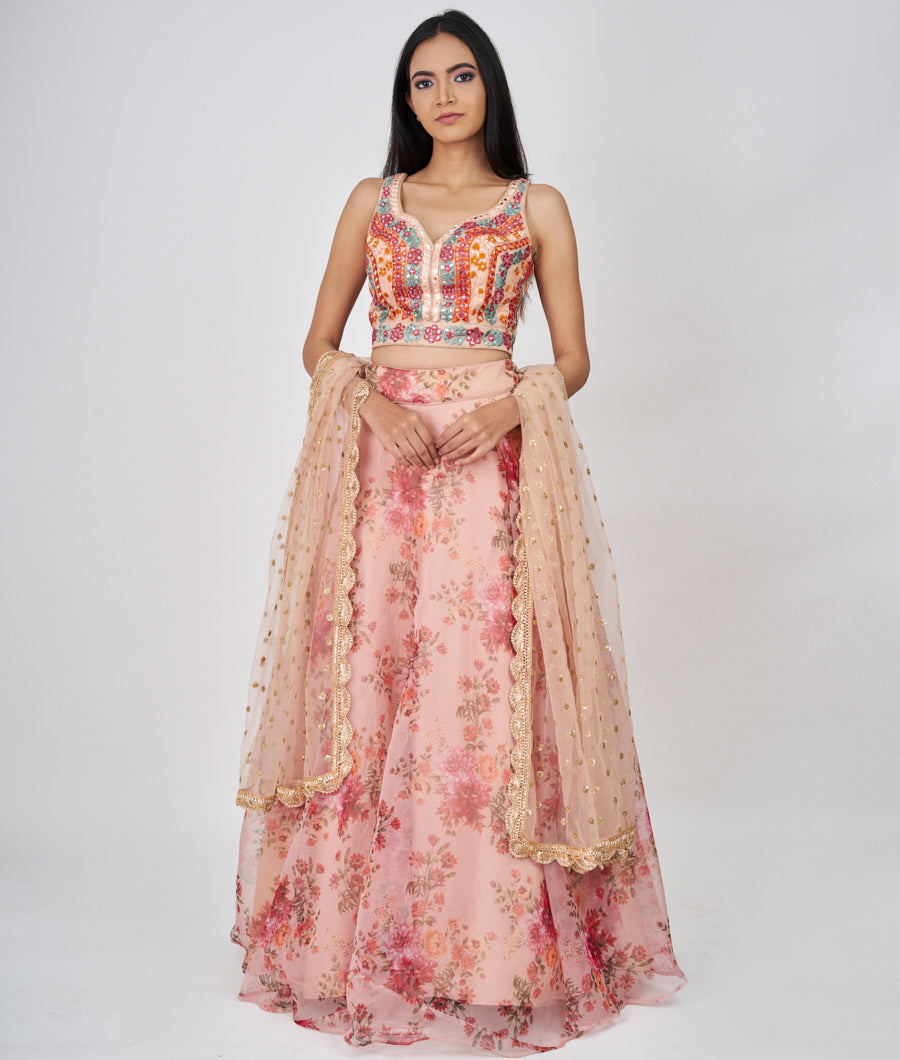 Peach Floral Print And Multi Color Thread Embroidery With Mirror And Sequins Work  Lehenga_KNG98710