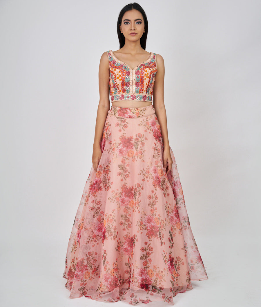 Peach Floral Print And Multi Color Thread Embroidery With Mirror And Sequins Work  Lehenga_KNG98710