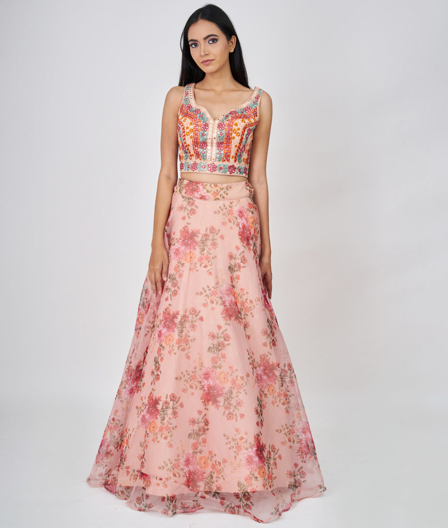 Peach Floral Print And Multi Color Thread Embroidery With Mirror And Sequins Work  Lehenga_KNG98710