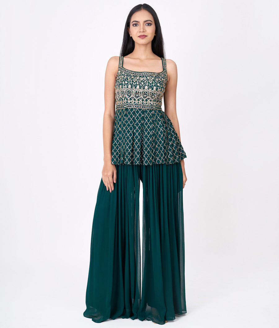 Bottle Green Pita Zari With Sequins And Jarkan Stone And Mirror Work Peplum Top With Palazzo Set Salwar Kameez