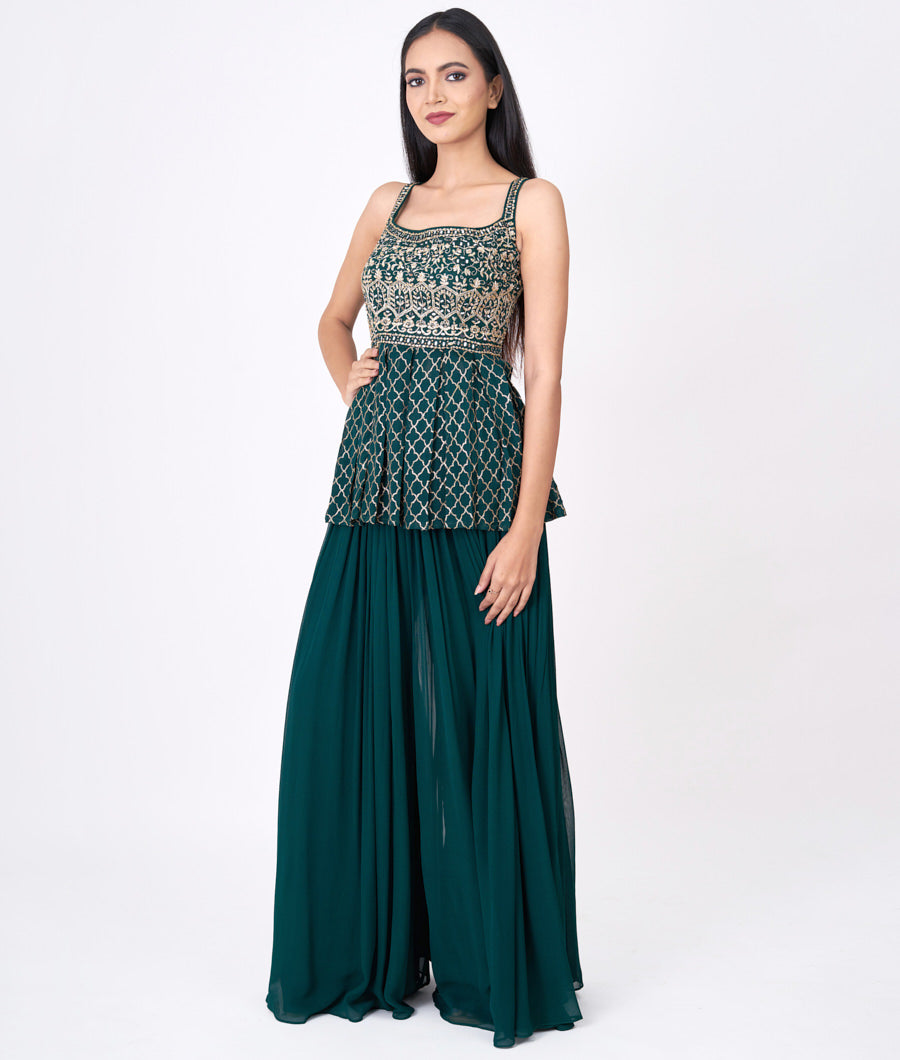 Bottle Green Pita Zari With Sequins And Jarkan Stone And Mirror Work Peplum Top With Palazzo Set Salwar Kameez