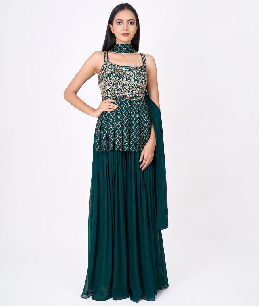 Bottle Green Pita Zari With Sequins And Jarkan Stone And Mirror Work Peplum Top With Palazzo Set Salwar Kameez