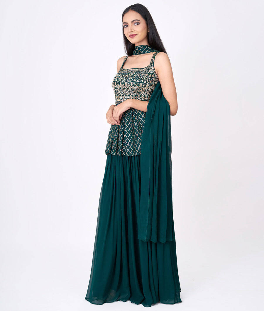 Bottle Green Pita Zari With Sequins And Jarkan Stone And Mirror Work Peplum Top With Palazzo Set Salwar Kameez