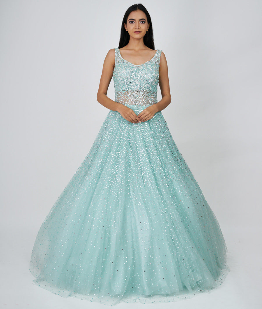 Aqua Sequins With Mirror And Cutdana And Jarkan Stone Work Ball Gown Gown