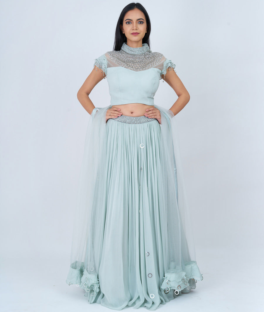 Sky Blue Sequins With Cutdana And Micro Stone Work - Lehenga