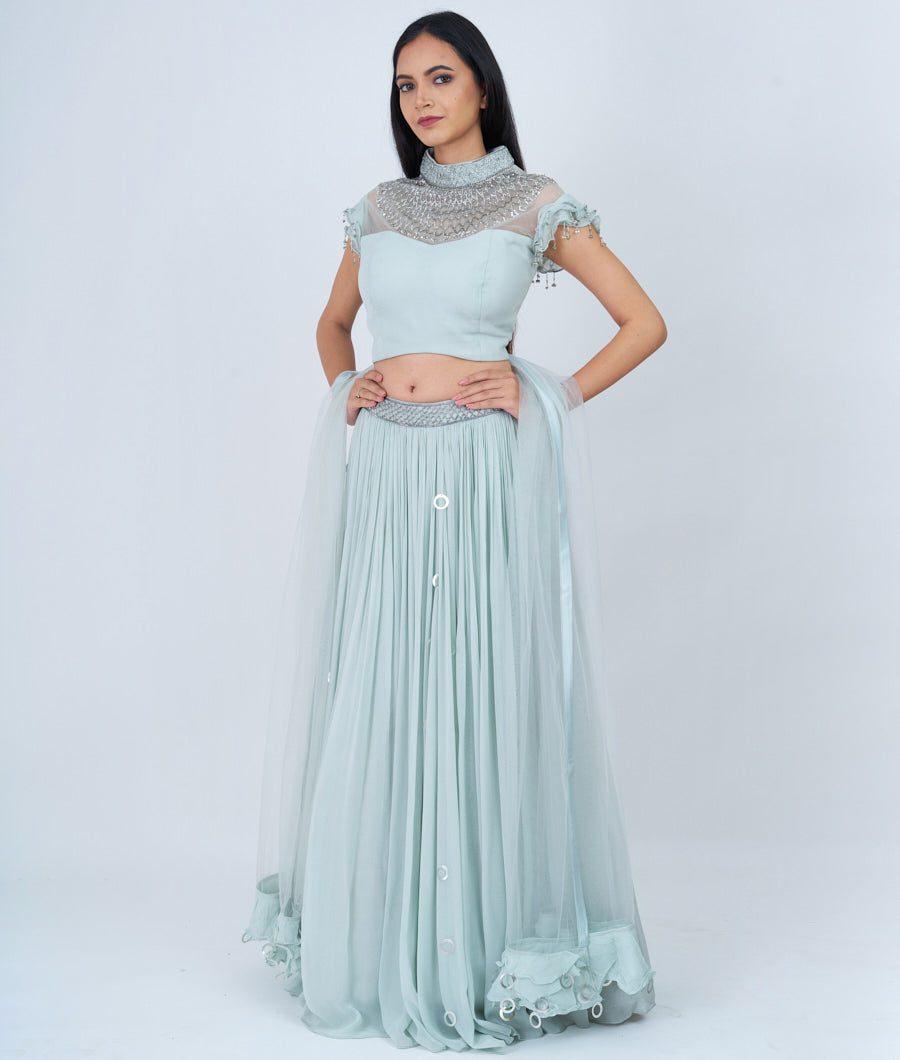 Sky Blue Sequins With Cutdana And Micro Stone Work - Lehenga