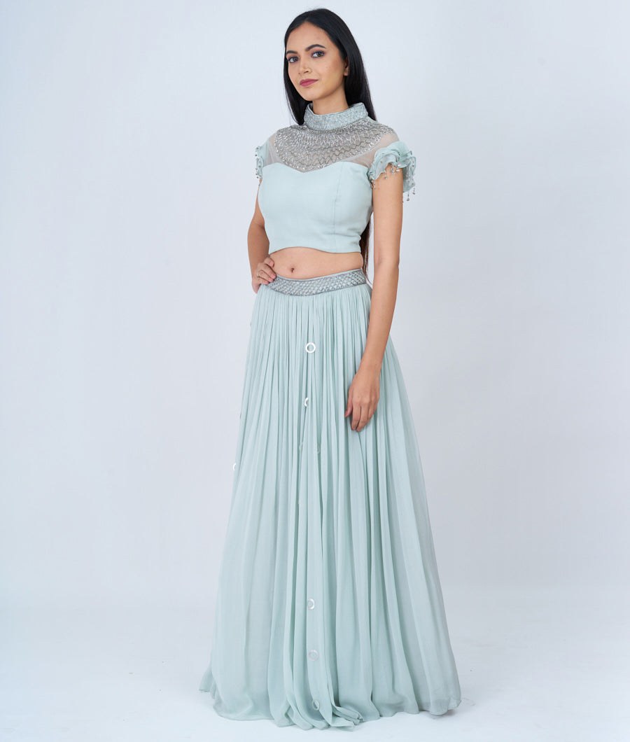 Sky Blue Sequins With Cutdana And Micro Stone Work - Lehenga