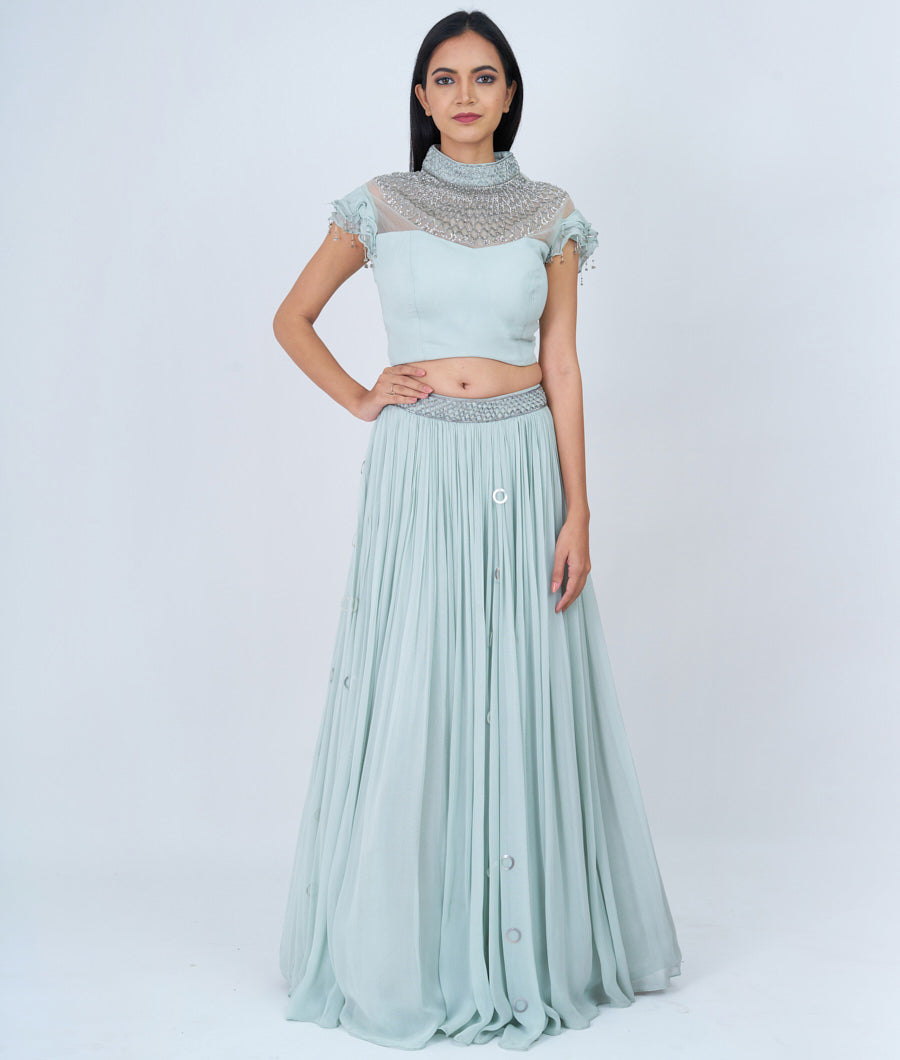 Sky Blue Sequins With Cutdana And Micro Stone Work - Lehenga