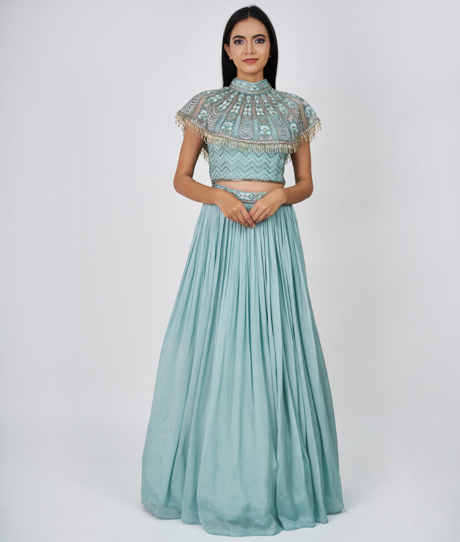 Sea Blue Thread And Zari Embroidery With Cutdana And Mirror Work  Lehenga