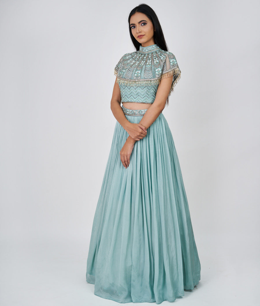 Sea Blue Thread And Zari Embroidery With Cutdana And Mirror Work  Lehenga