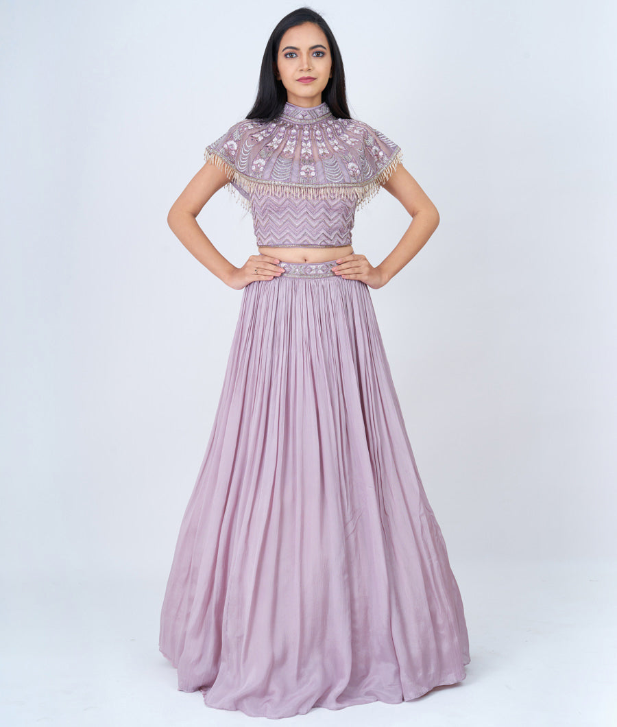 Lite Lavender Thread And Zari Embroidery With Cutdana And Stone Work - Lehenga