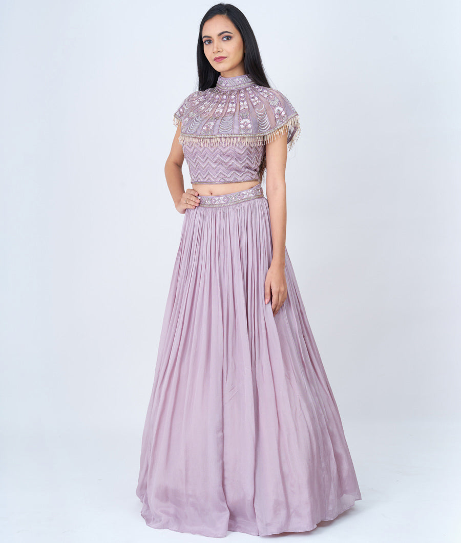 Lite Lavender Thread And Zari Embroidery With Cutdana And Stone Work - Lehenga