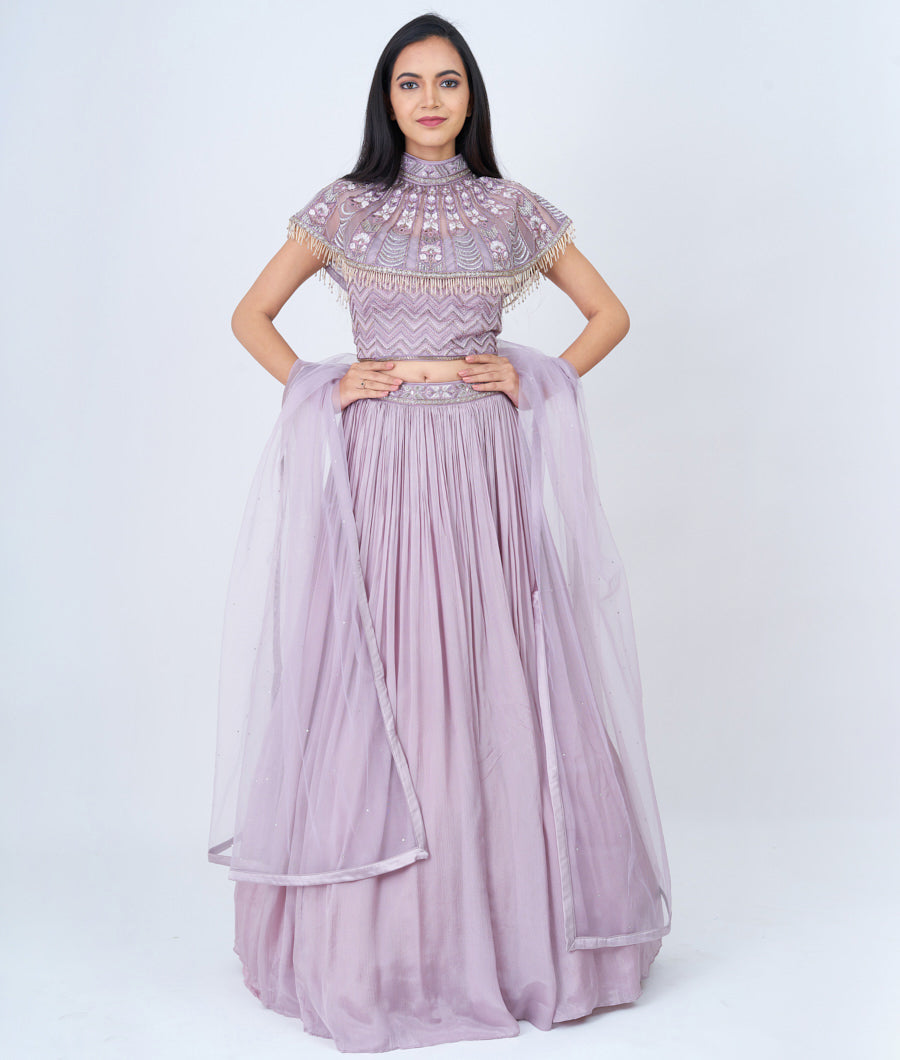 Lite Lavender Thread And Zari Embroidery With Cutdana And Stone Work - Lehenga