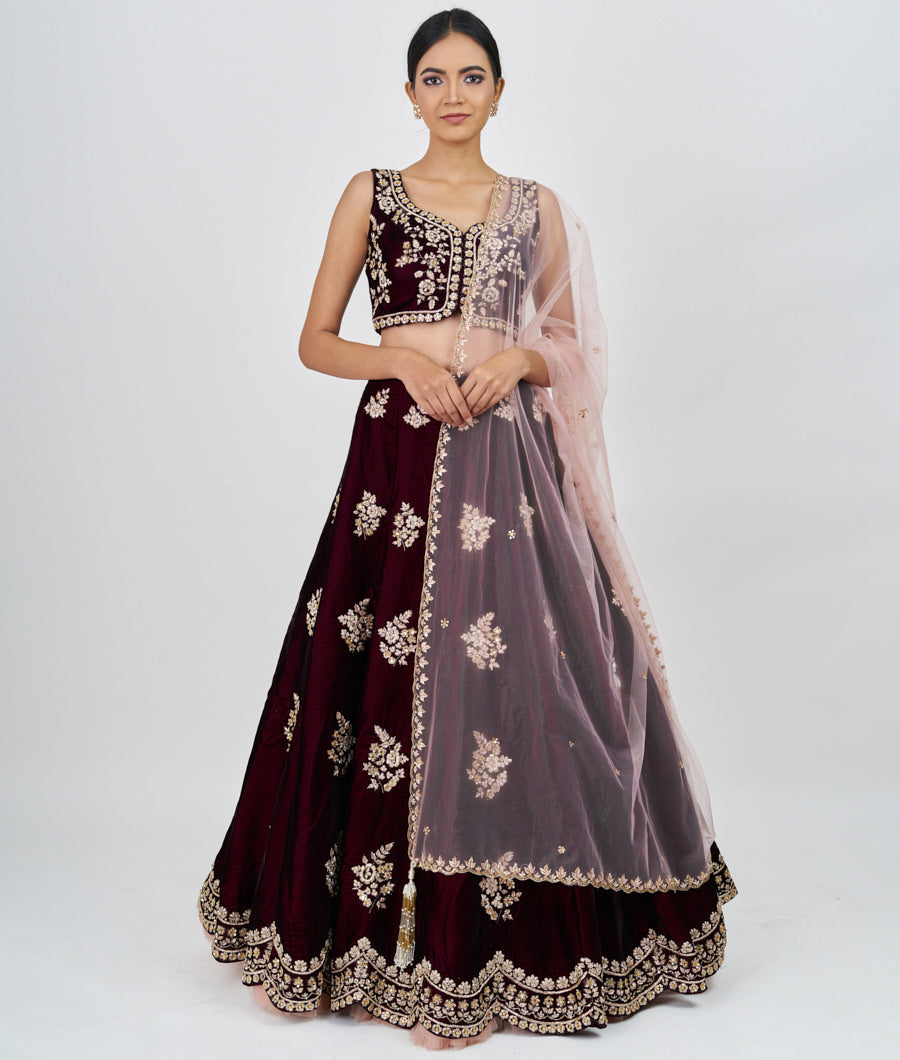 Wine Sequins With Zardosi And Mirror Work  Lehenga