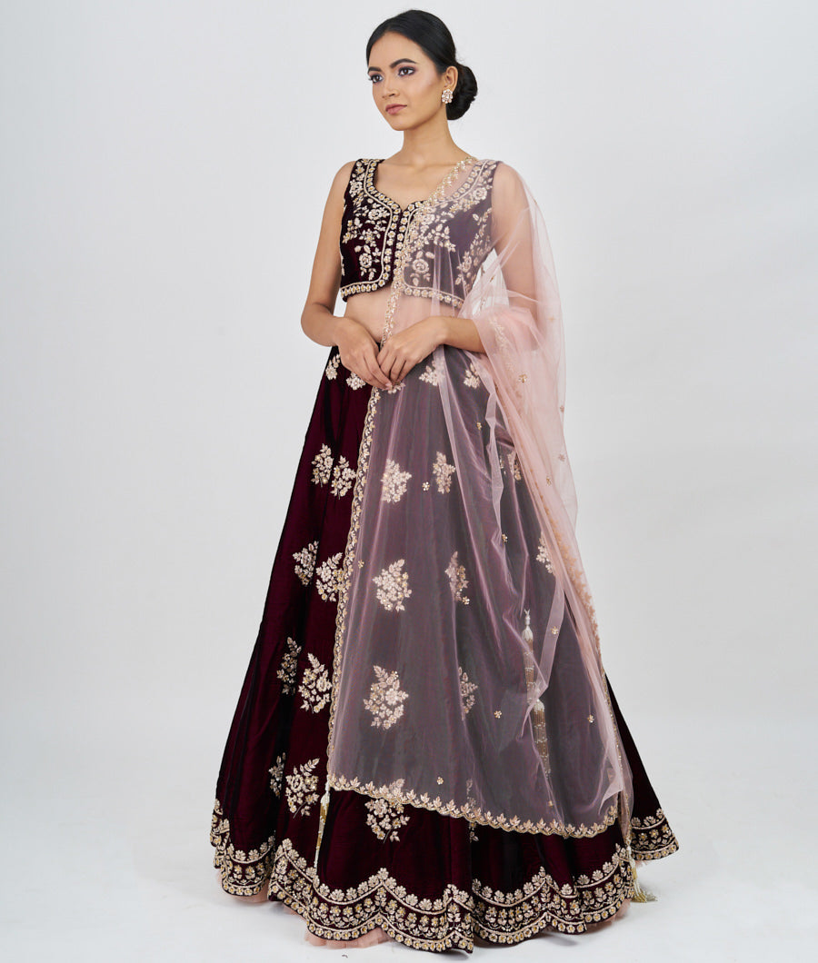 Wine Sequins With Zardosi And Mirror Work  Lehenga