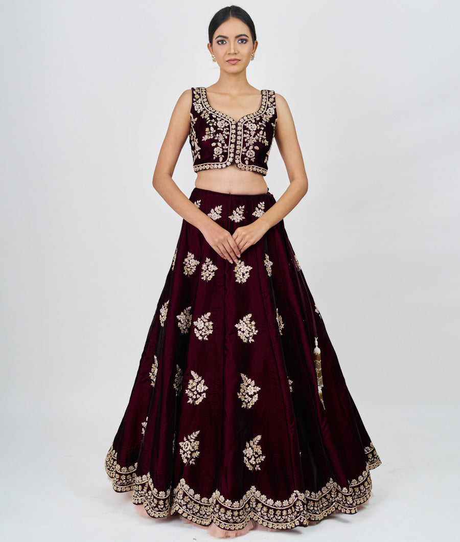 Wine Sequins With Zardosi And Mirror Work  Lehenga