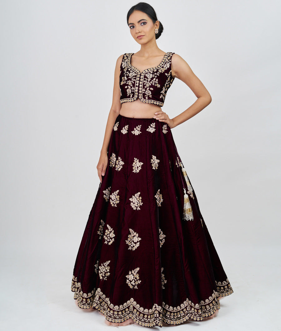 Wine Sequins With Zardosi And Mirror Work  Lehenga