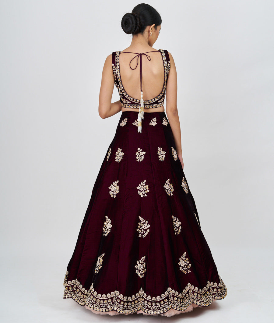 Wine Sequins With Zardosi And Mirror Work  Lehenga